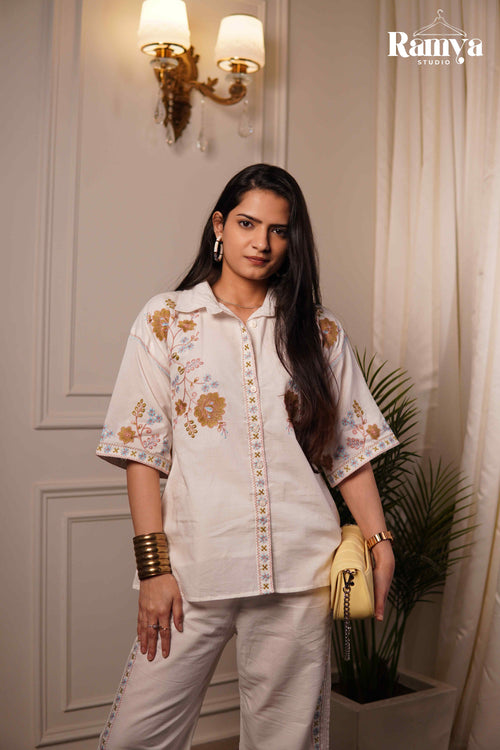 Ivory Bloom co-ord set for women elegant off-white matching top and bottom set, handpicked limited edition ethnic wear by Ramya Studio
