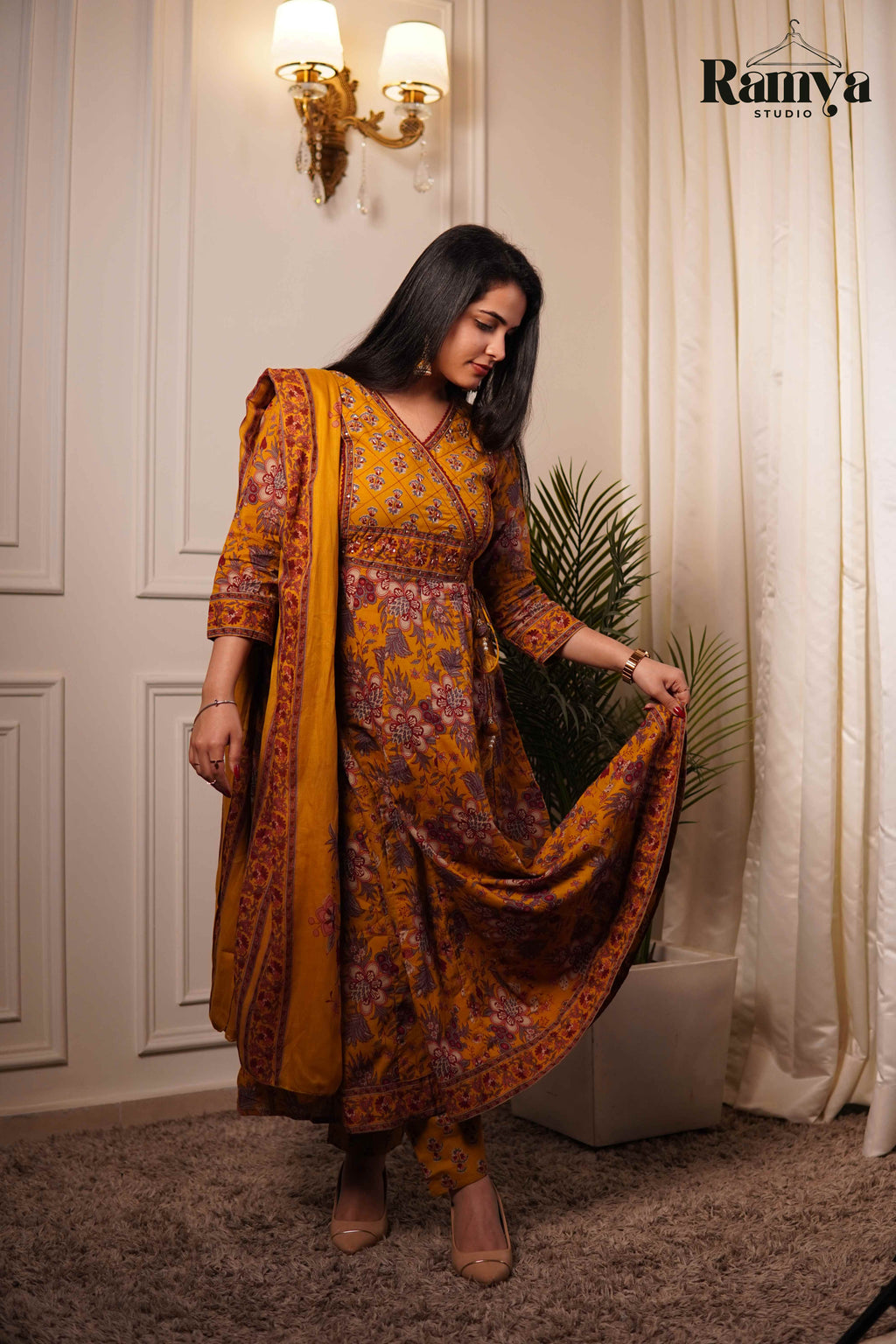 Gulnaar mustard and purple printed kurta set for women — handpicked ethnic wear, limited edition, by Ramya Studio