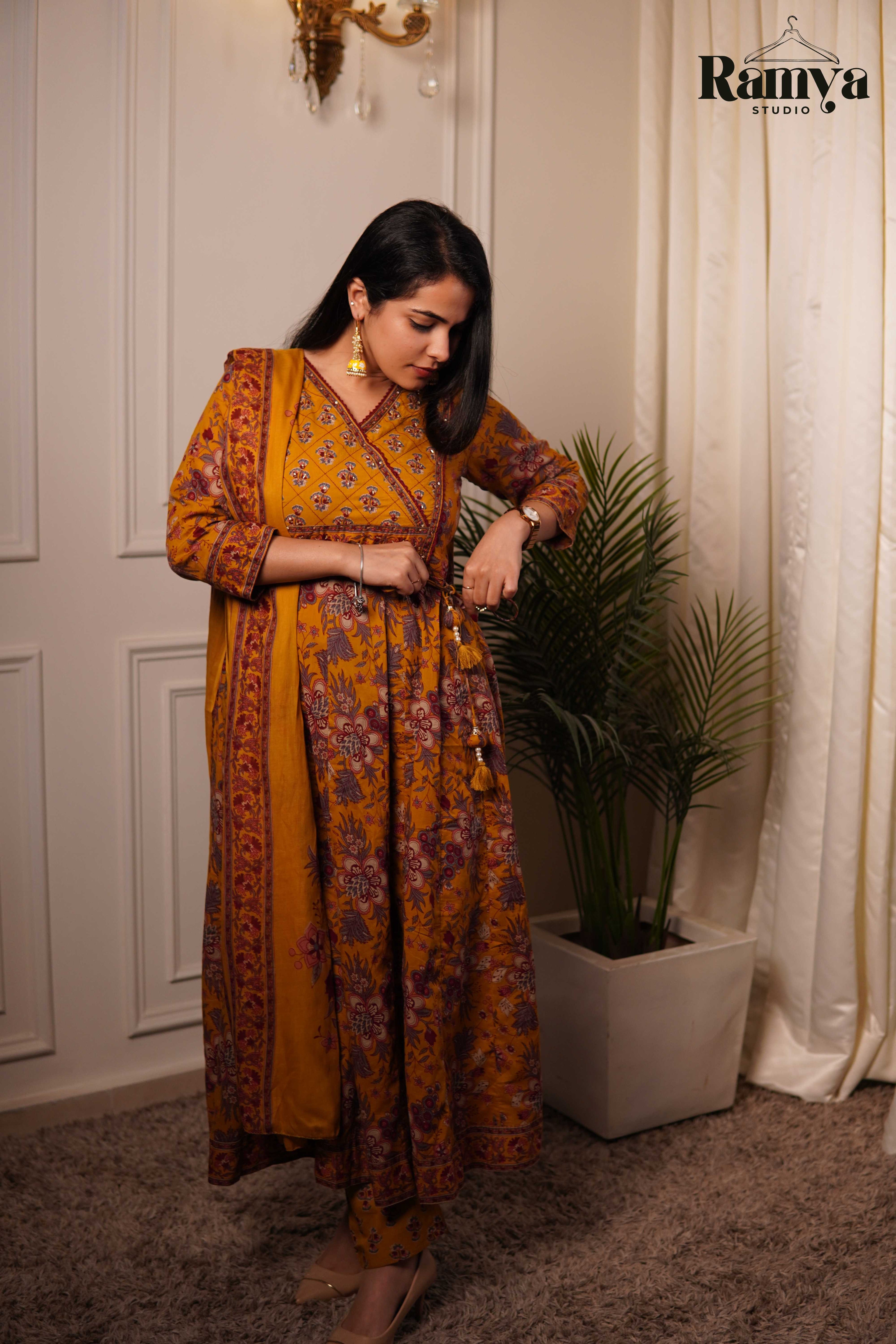 Gulnaar mustard and purple printed kurta set for women — handpicked ethnic wear, limited edition, by Ramya Studio
