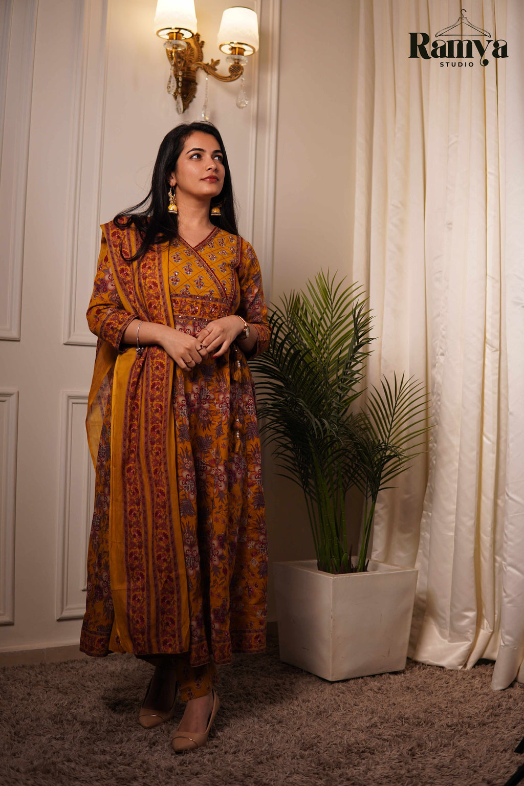 Gulnaar mustard and purple printed kurta set for women — handpicked ethnic wear, limited edition, by Ramya Studio
