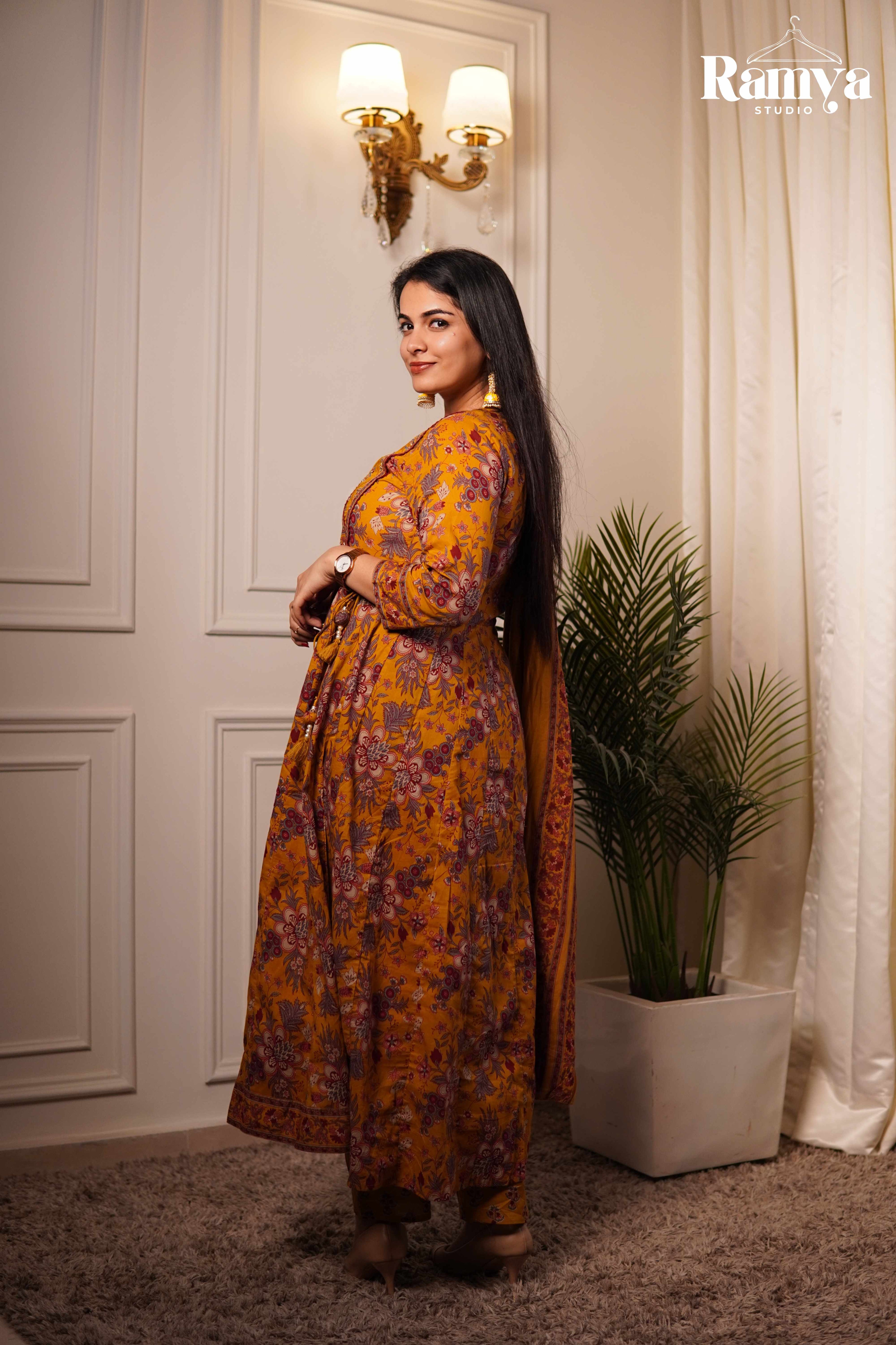 Gulnaar mustard and purple printed kurta set for women — handpicked ethnic wear, limited edition, by Ramya Studio