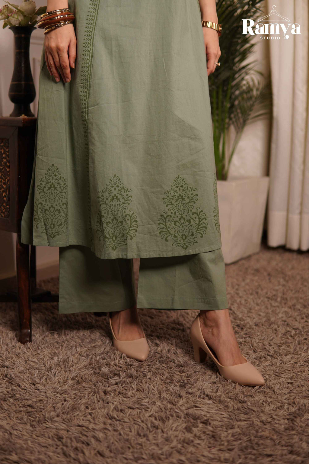 Kurta set with block prin and wide legged trousers