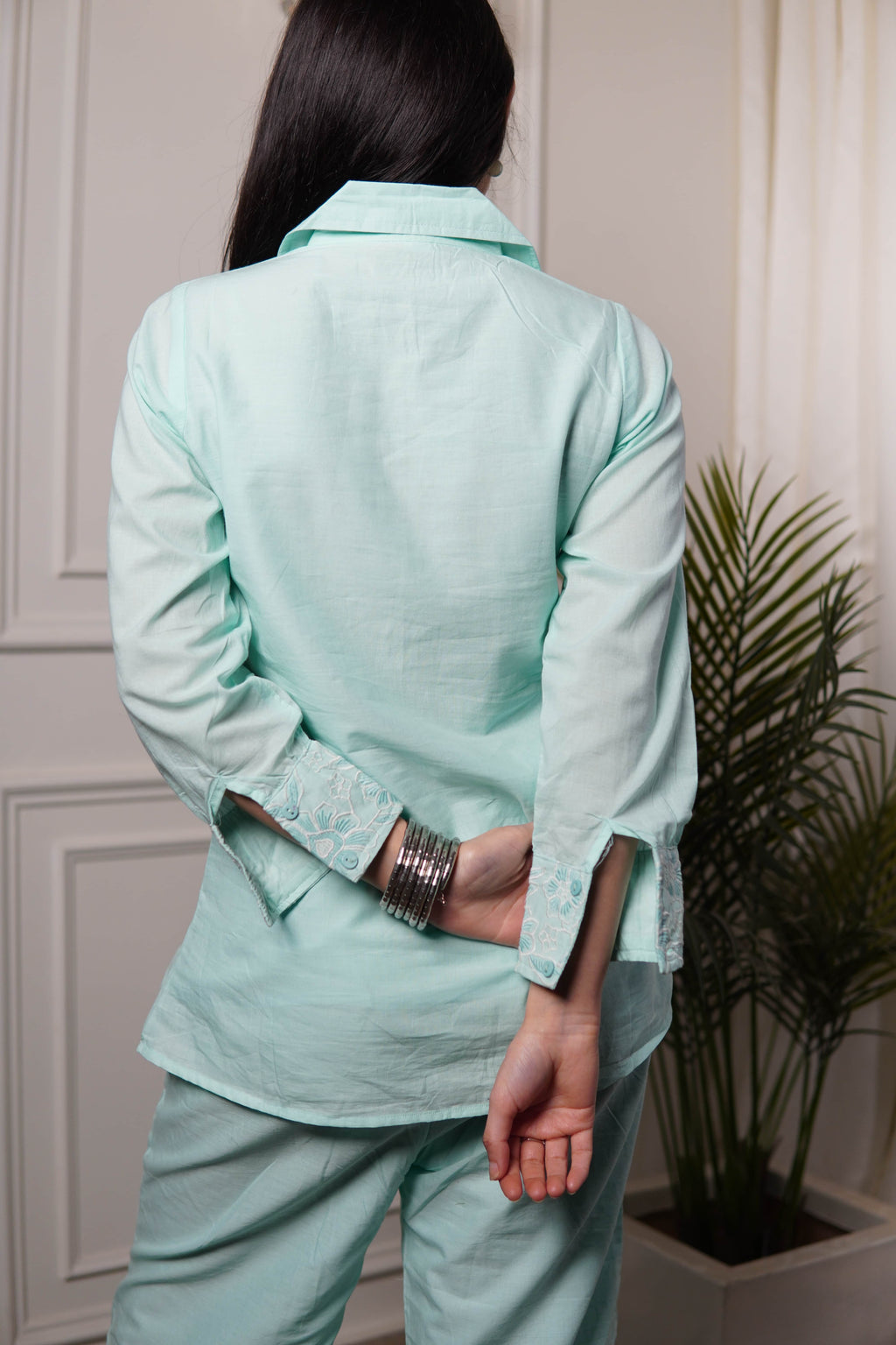 Malmal mint green co-ord set for women in breathable cotton fabric limited edition handpicked ethnic wear by Ramya Studio
