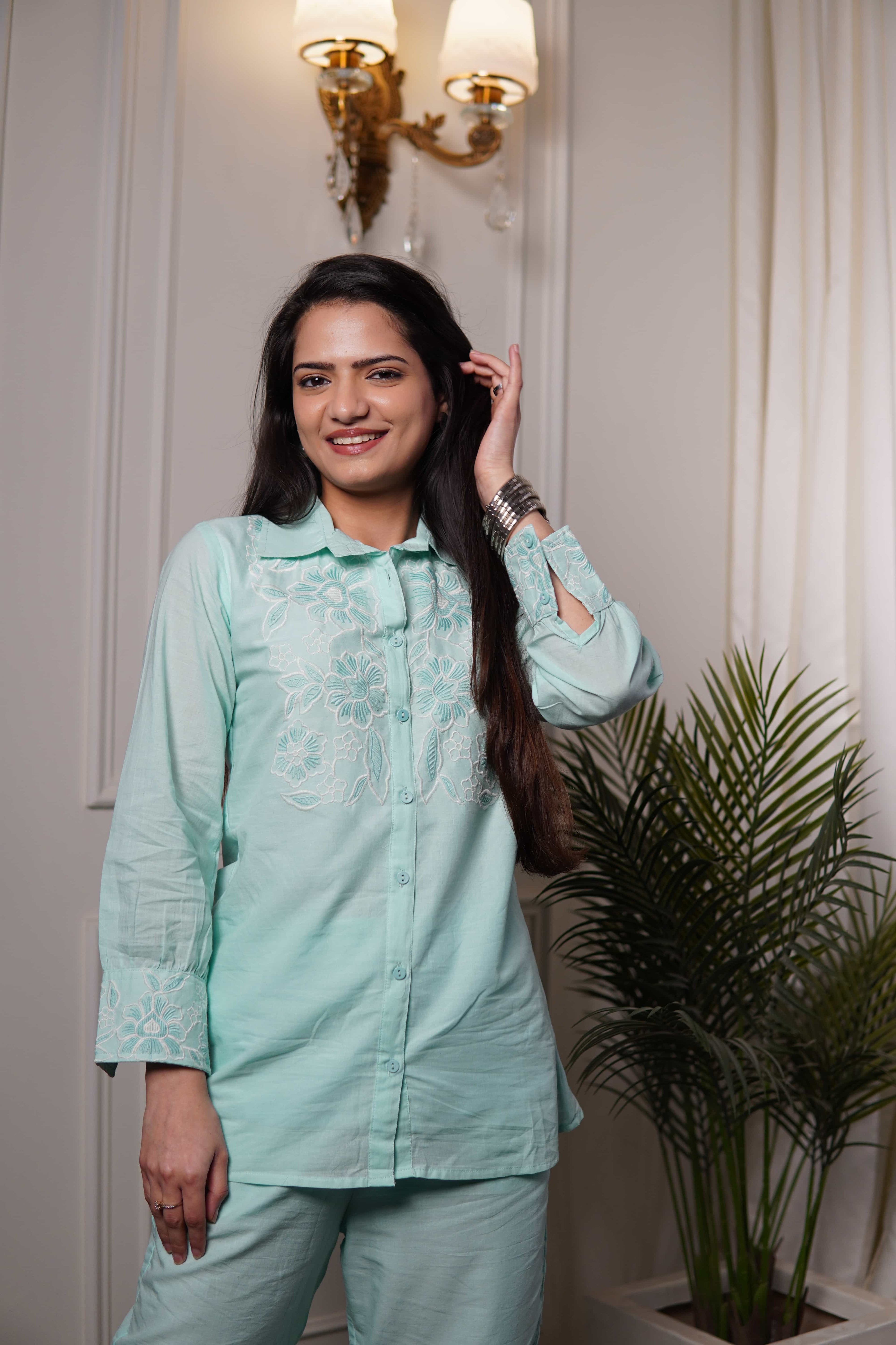 Malmal mint green co-ord set for women in breathable cotton fabric limited edition handpicked ethnic wear by Ramya Studio
