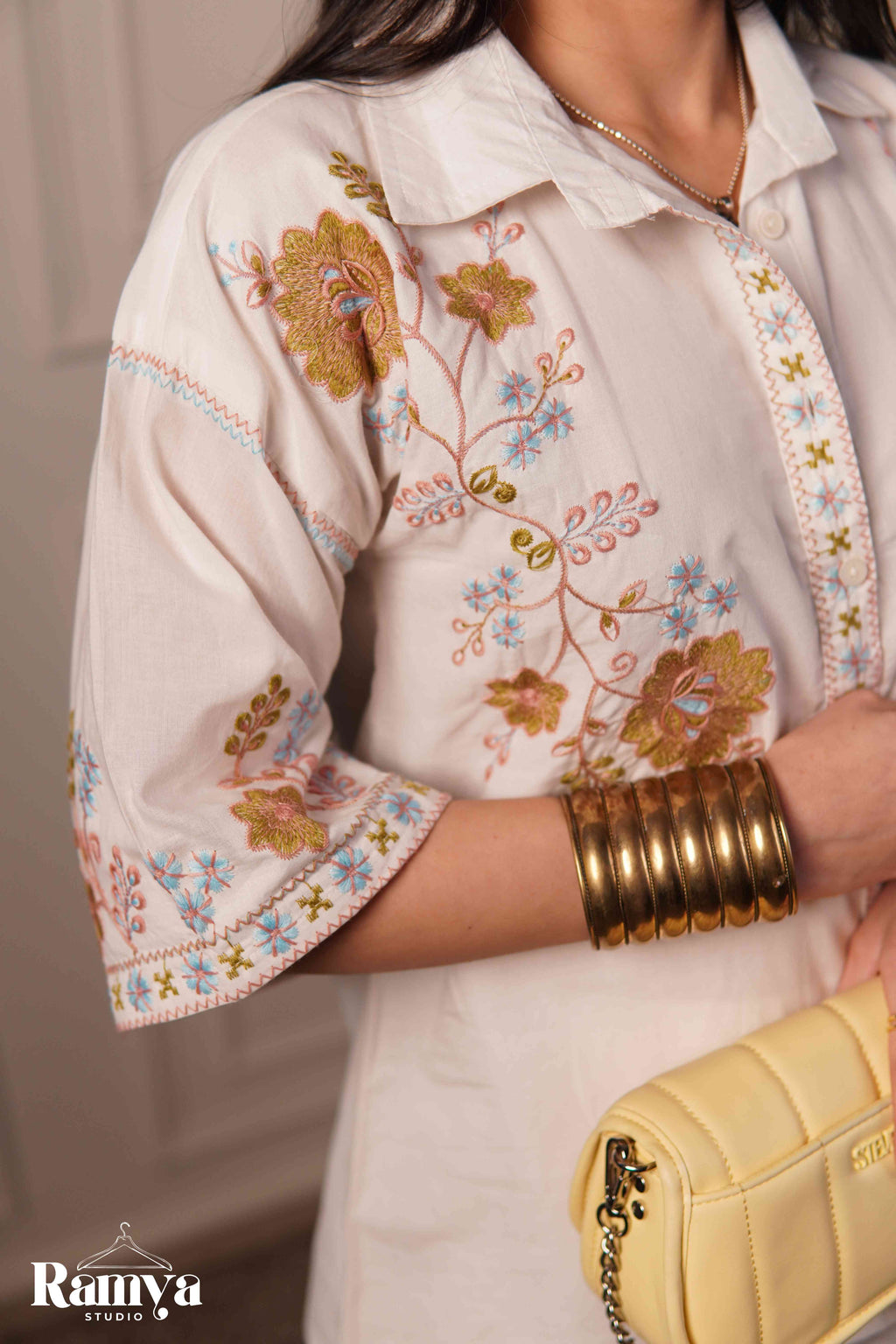 Ivory Bloom co-ord set for women elegant off-white matching top and bottom set, handpicked limited edition ethnic wear by Ramya Studio
