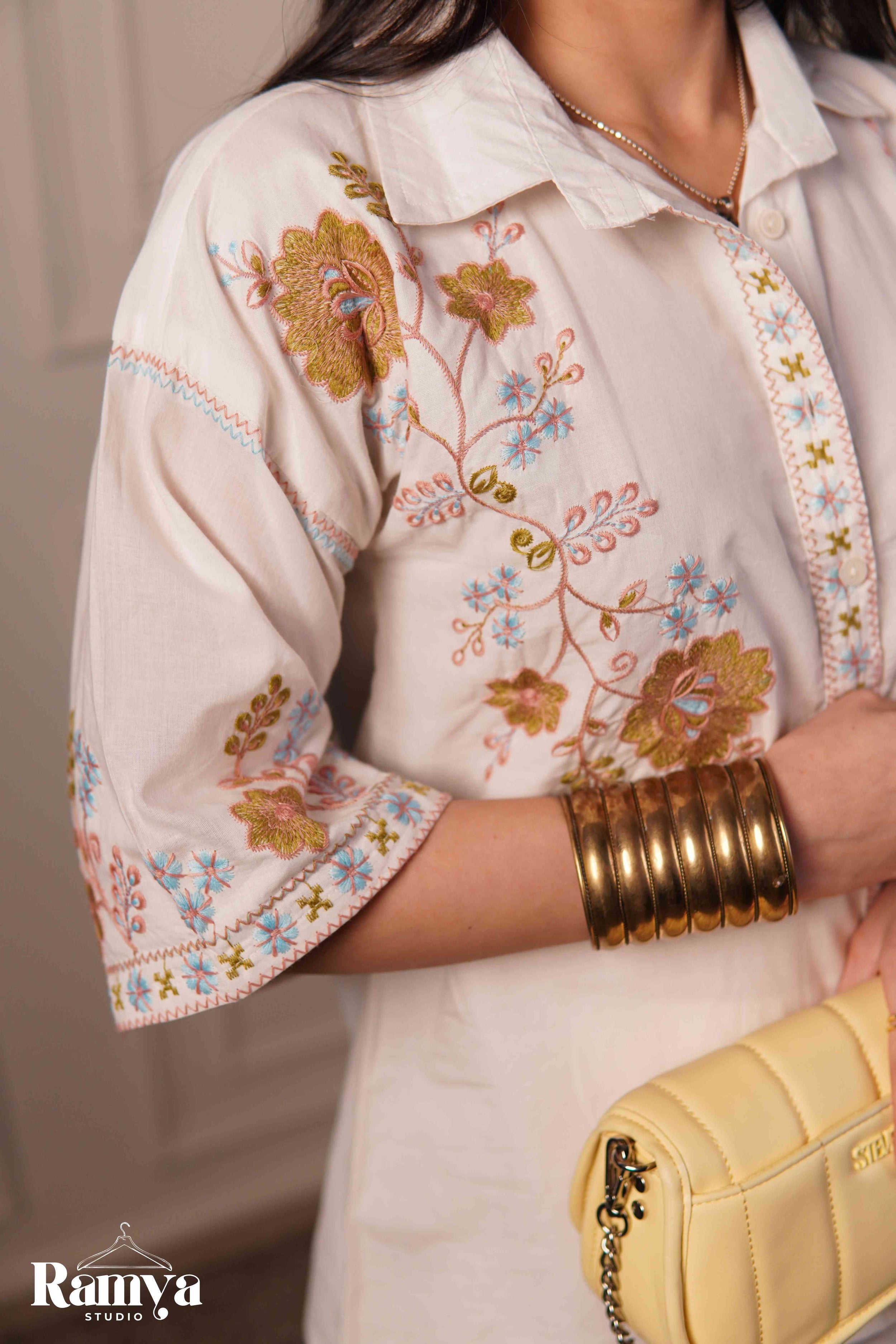 Ivory Bloom co-ord set for women elegant off-white matching top and bottom set, handpicked limited edition ethnic wear by Ramya Studio
